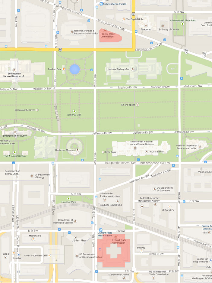 FTC Constitution Center at 400 7th Street, SW, is shown in red in the center